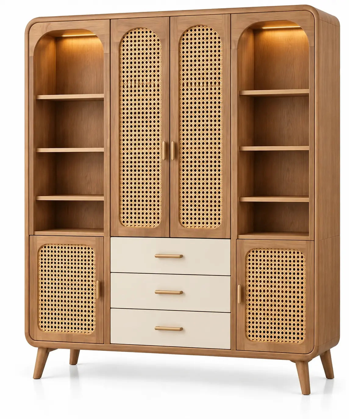 Armadio, ante intrecciate, cassetti e ripiani laterali, marrone/beige