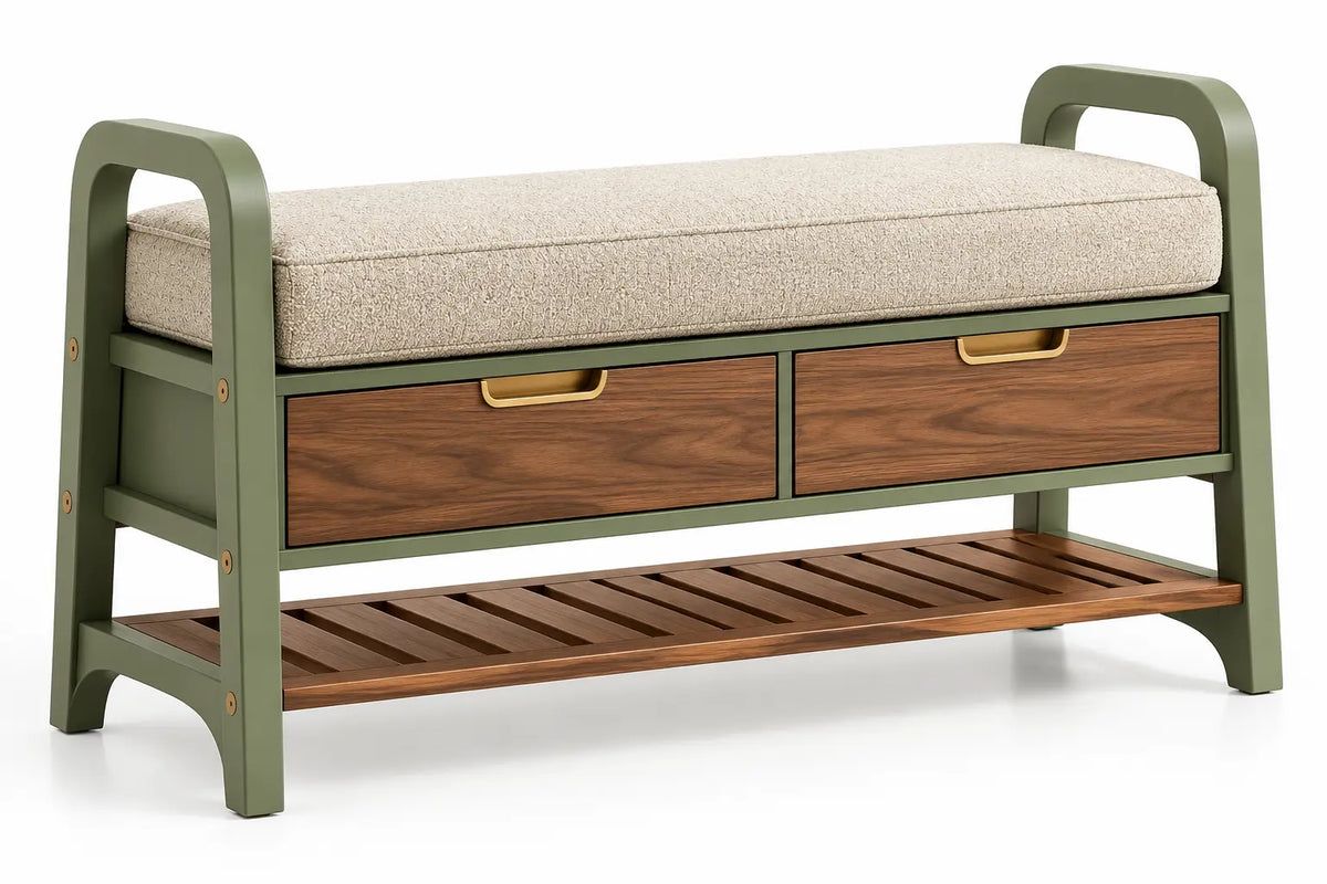 Panca, due cassetti e ripiano inferiore a listelli, verde/marrone/beige