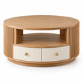Tavolino da salotto, piano rotondo e cassetti inferiori, marrone/beige