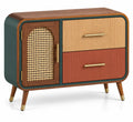 Credenza, anta intrecciata e due cassetti a contrasto, verde/marrone/rosso