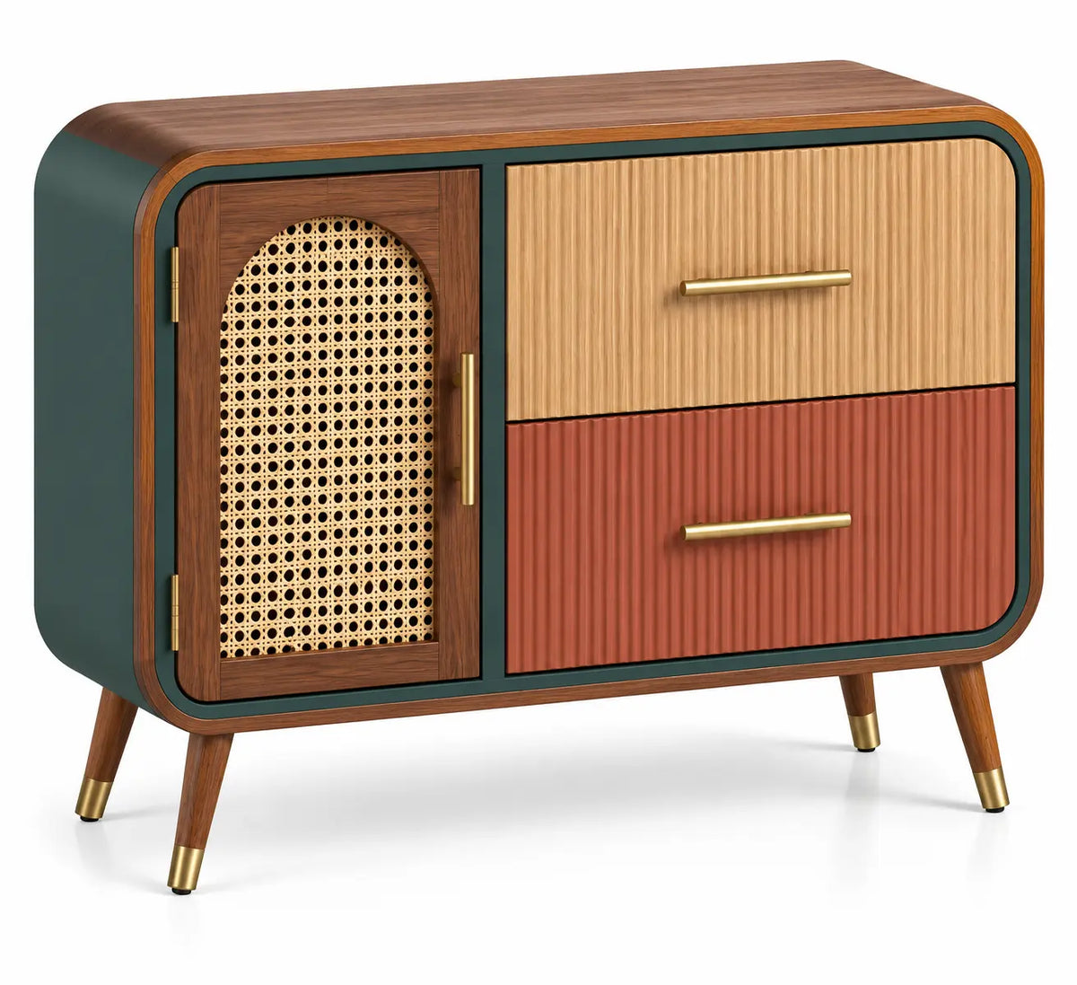 Credenza, anta intrecciata e due cassetti a contrasto, verde/marrone/rosso