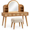 Mobile da toeletta con specchio, specchio arcuato, cassetti e sgabello rotondo, marrone/beige