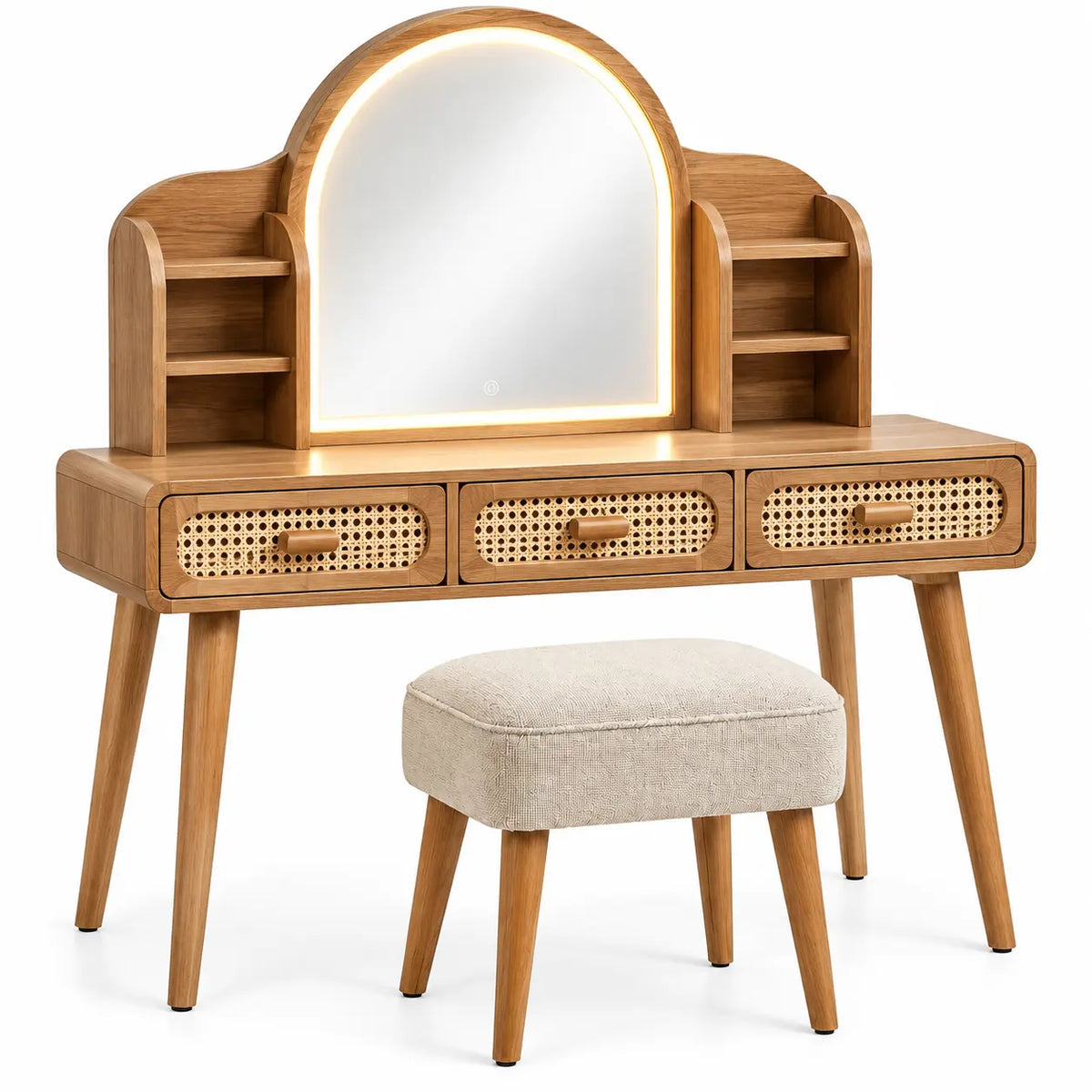 Mobile da toeletta con specchio, specchio arcuato, cassetti e sgabello rotondo, marrone/beige