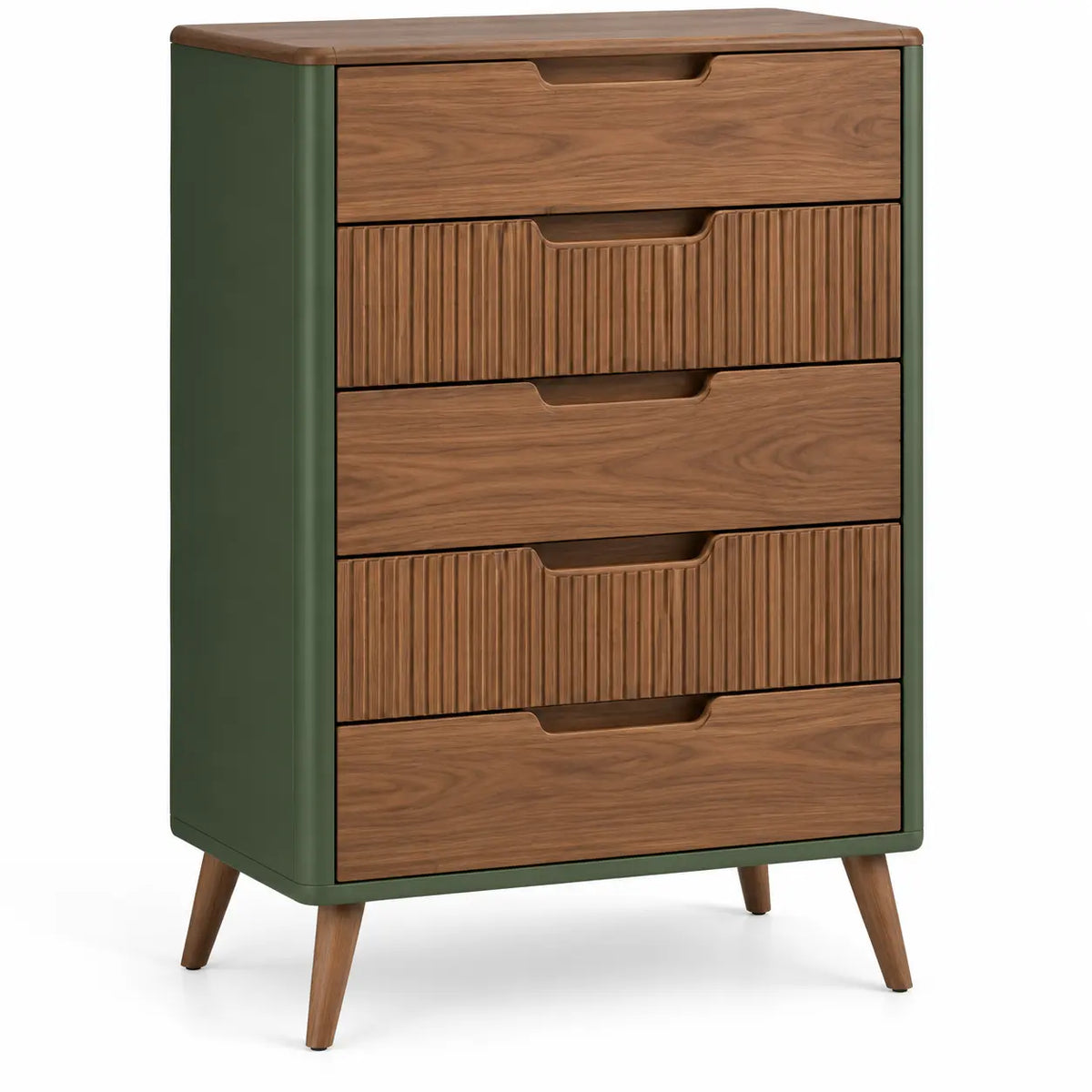 Cassettiera, cinque cassetti con frontali alternati, verde/marrone