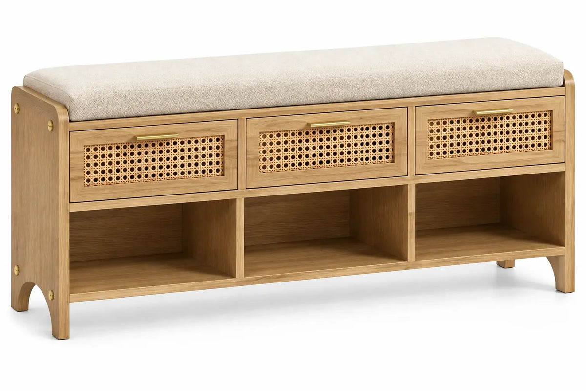 Panca, tre cassetti intrecciati e vani inferiori, marrone/beige