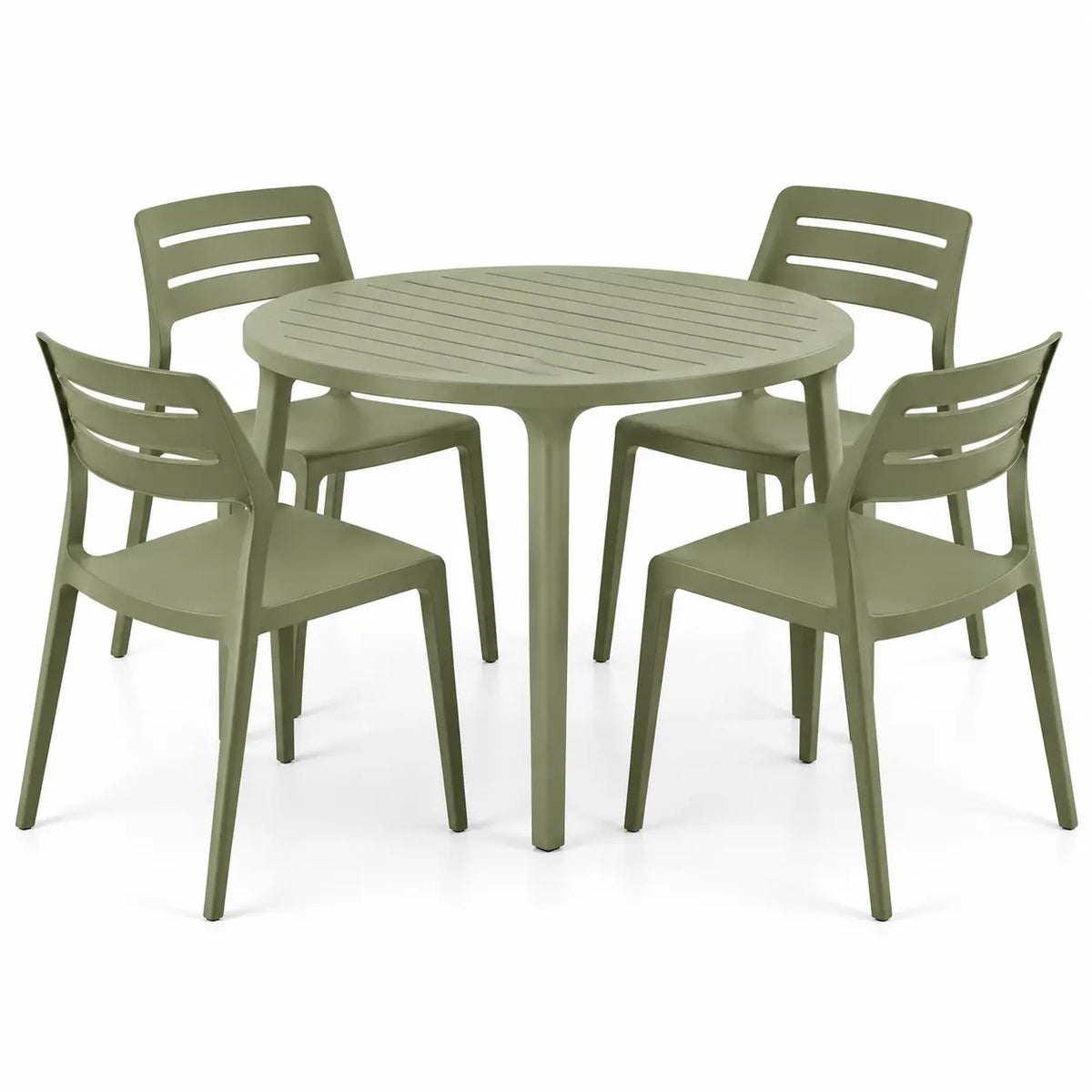 Tavolo con quattro sedie, tavolo rotondo e quattro sedie con braccioli, verde